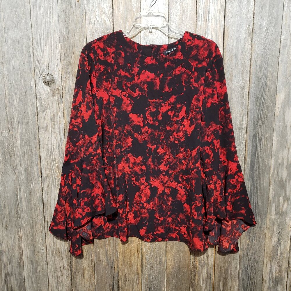 Olivia & Grace XL Top‎ Blouse Red Black Floral Button Back Bell Long Sleeves